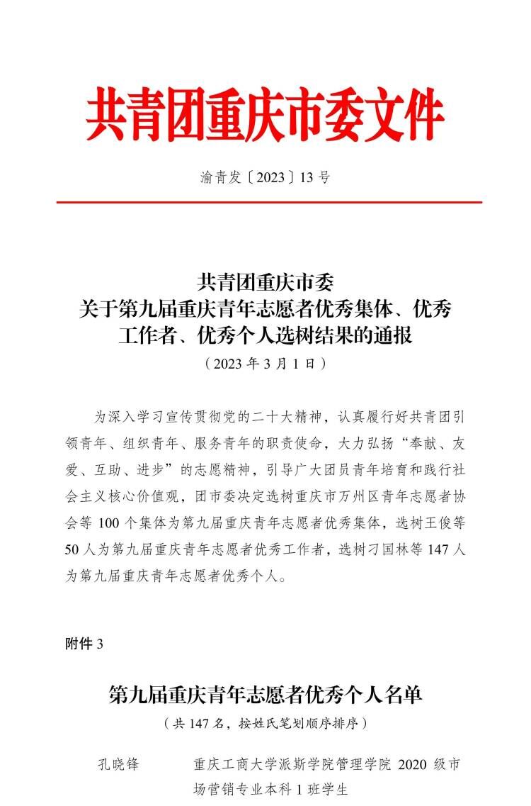 【喜報】我校青年志愿者被選樹為第九屆重慶青年志愿者優(yōu)秀個人