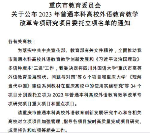 喜報！學校獲批重慶市普通本科高校外語教育教學改革專項研究項目重點項目1項